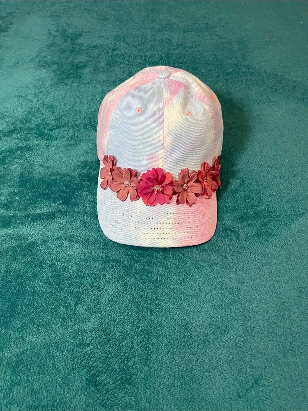 New Casual Chic Pink Floral Accent Tie-Dye Baseball Cap Feminine Pastel